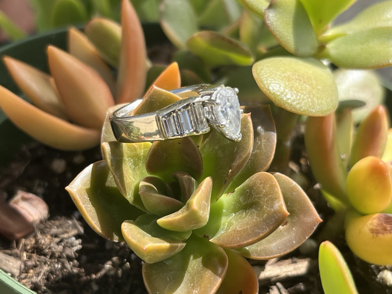 14K White Gold Pear Diamond Engagement Ring w/ Baguette Sides, Size 7 4mm
