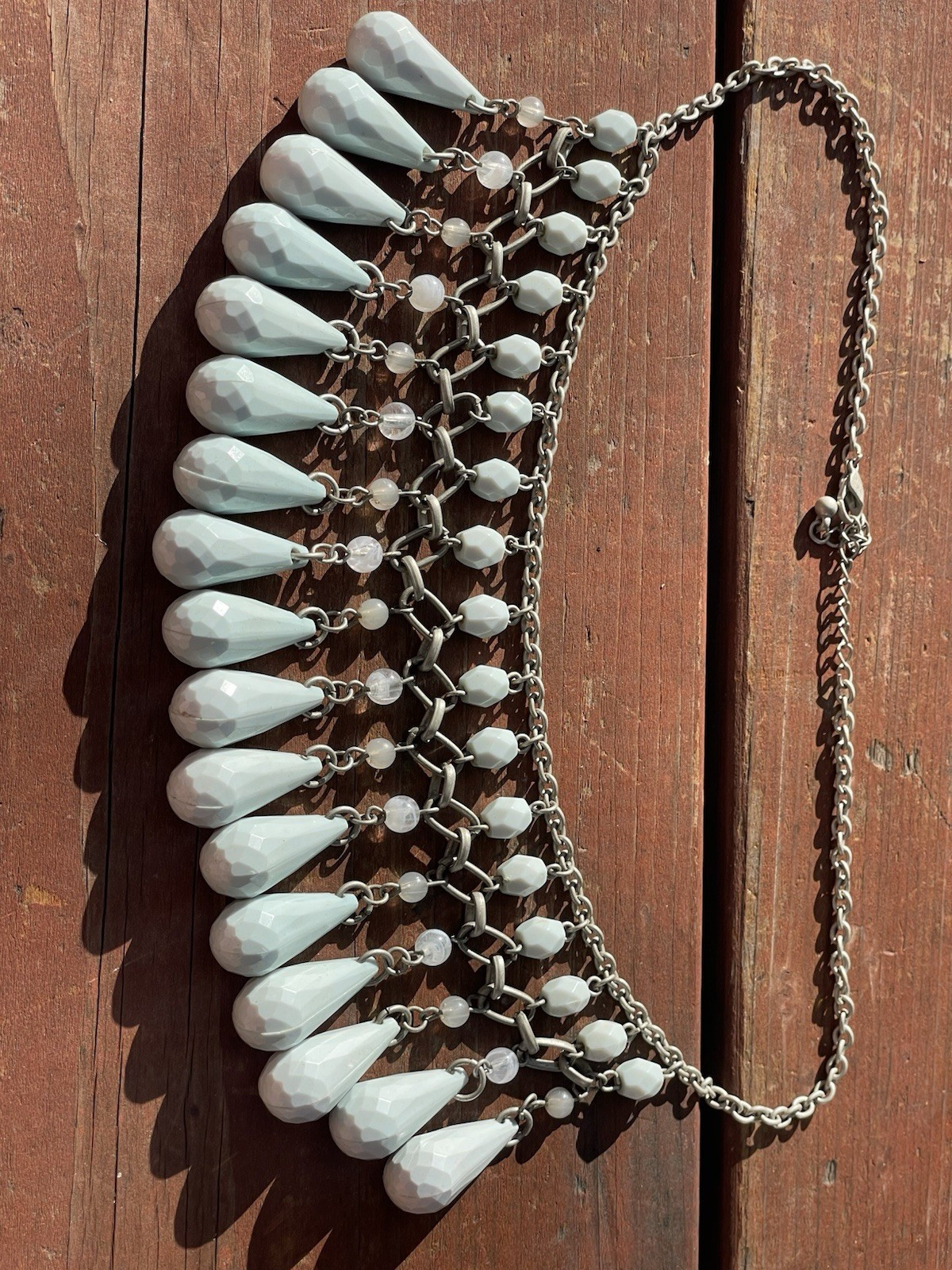 Statement Bib Collar Fringe Necklace Chunky Light Green Beads Adjustable Chain