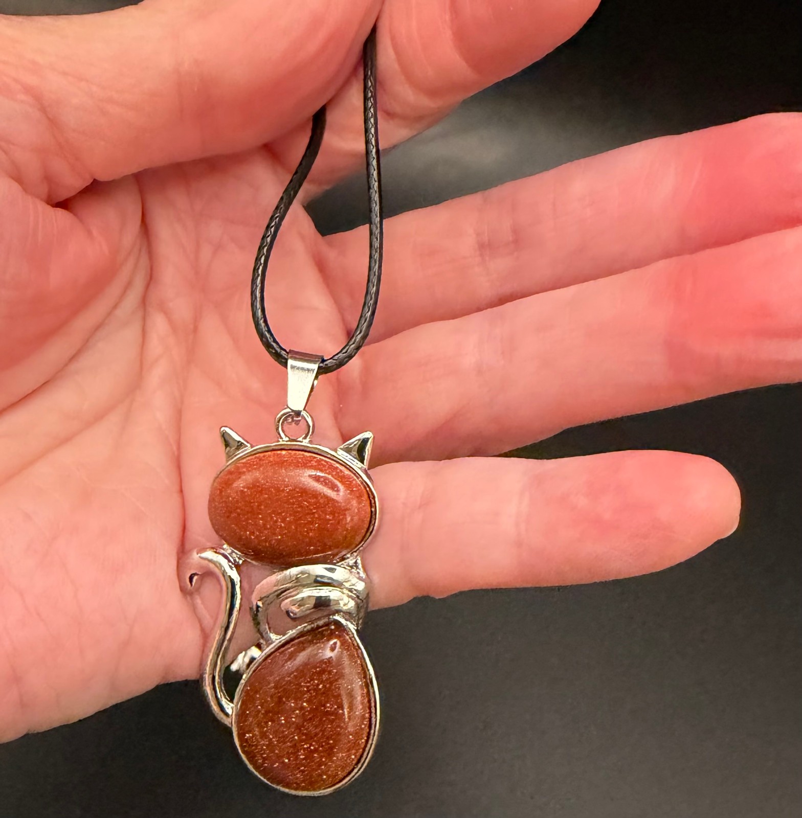Red-Brown Goldstone Glass Cat Pendant Necklace 21″ Waxed Cord /Stone of Ambition