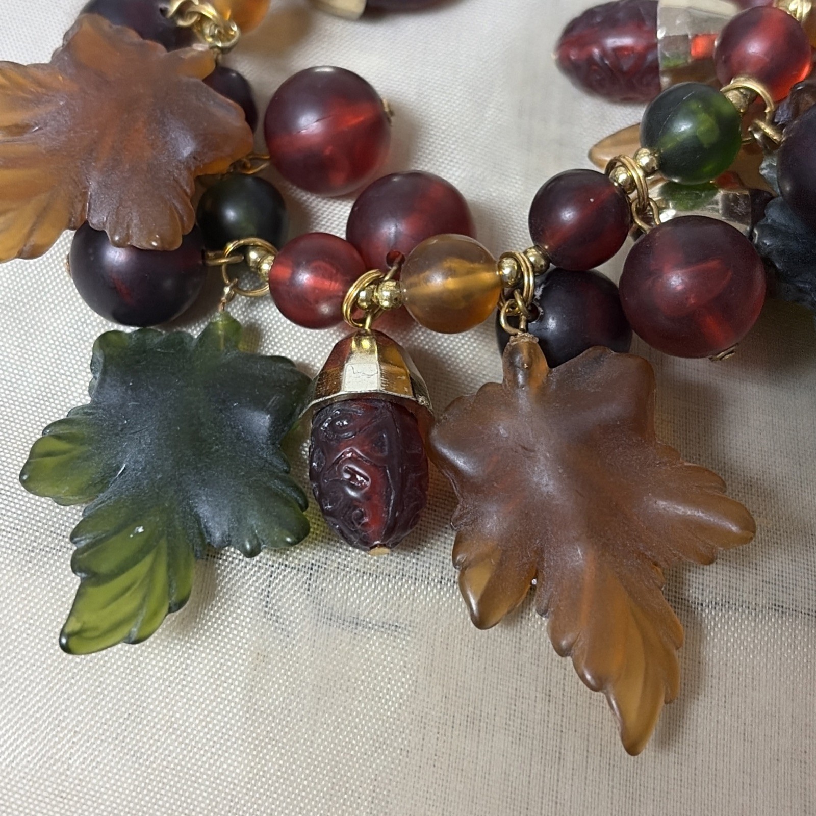 Vtg NWT Lucite Necklace Red Green Orange Brown Necklace Autumn Fall Leaves Acorn