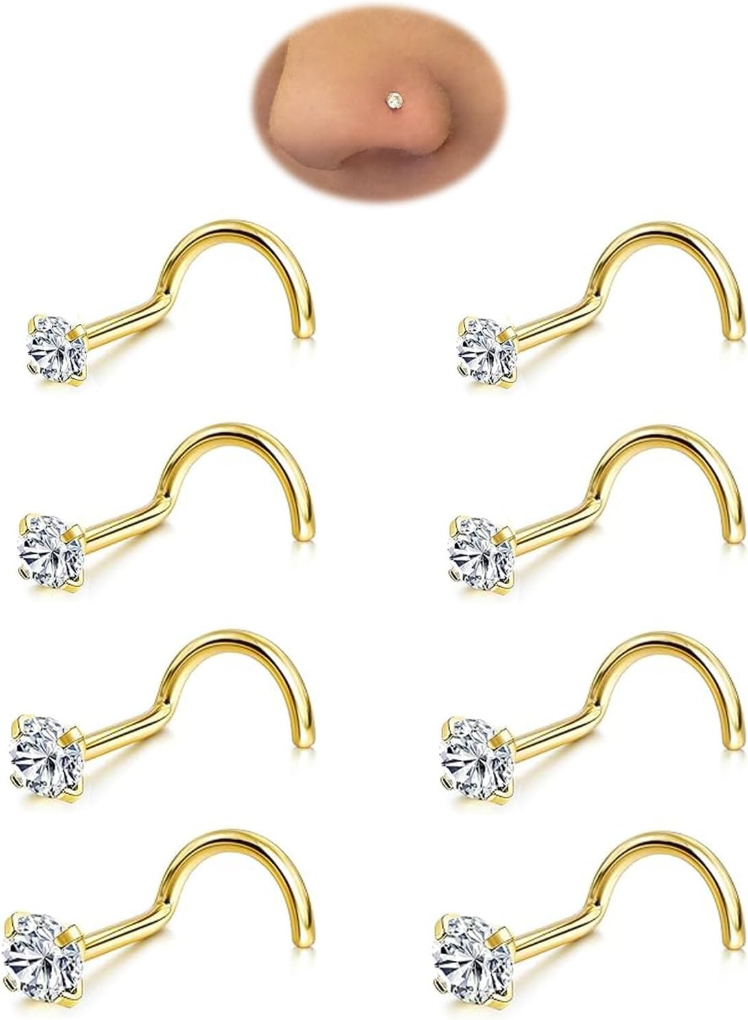 Nose Rings Studs Set for Women Men: Hypoallergenic 8Pcs 8pcs 20gauge Gold