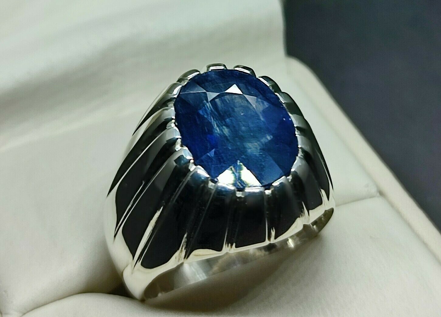 Natural 9 Carat Big Blue Sapphire Sterling Silver 925 Handmade Neelam Mens Ring