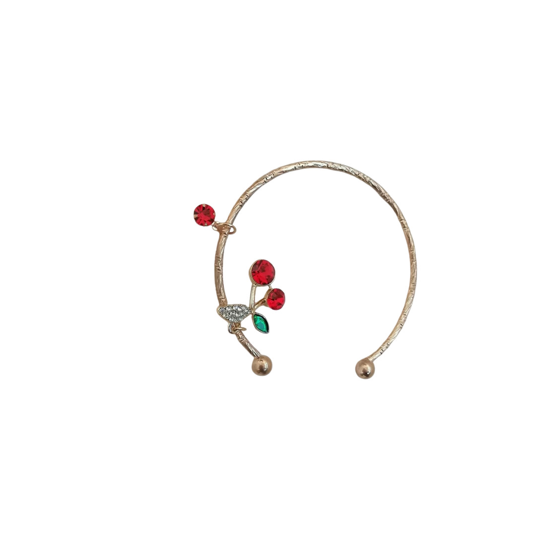Gold Tone Cherry Charm Open Cuff Bracelet Red Beads Fashion Jewelry