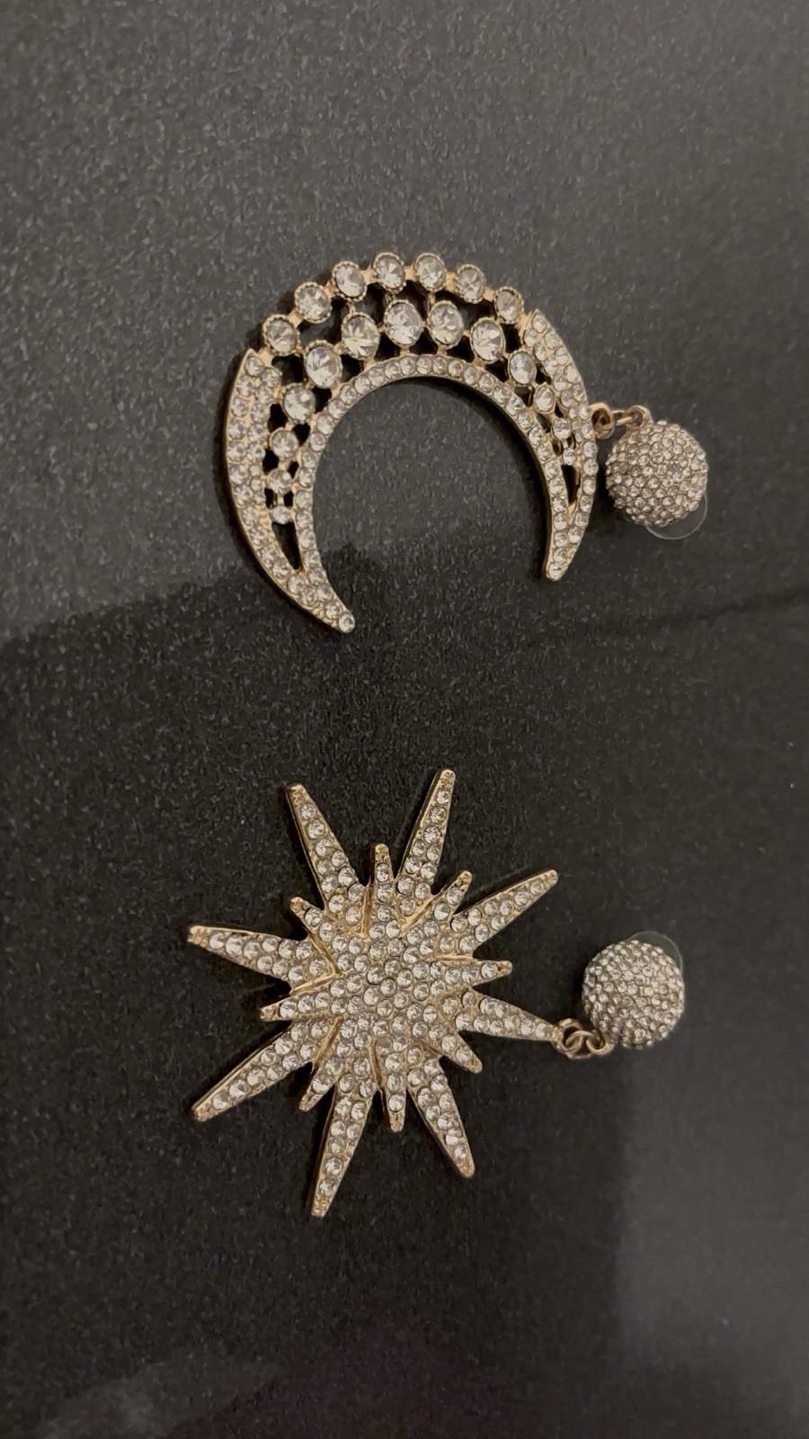Gold Tone Clear Crystal Pavé Crescent Moon & Sunburst Earrings