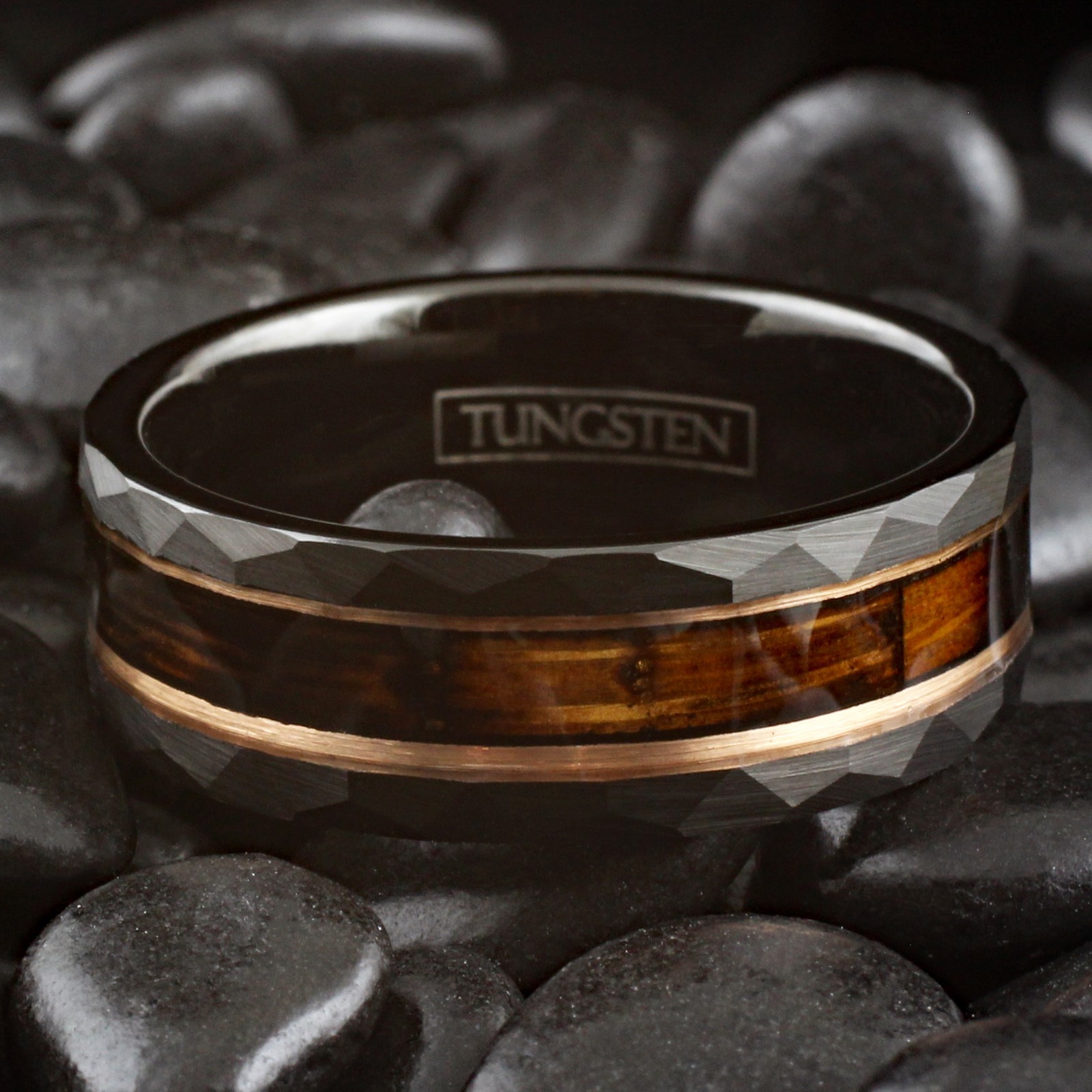 Black Tungsten Men’s Ring Charred Whiskey Barrel Rose Gold Plated Wedding Band