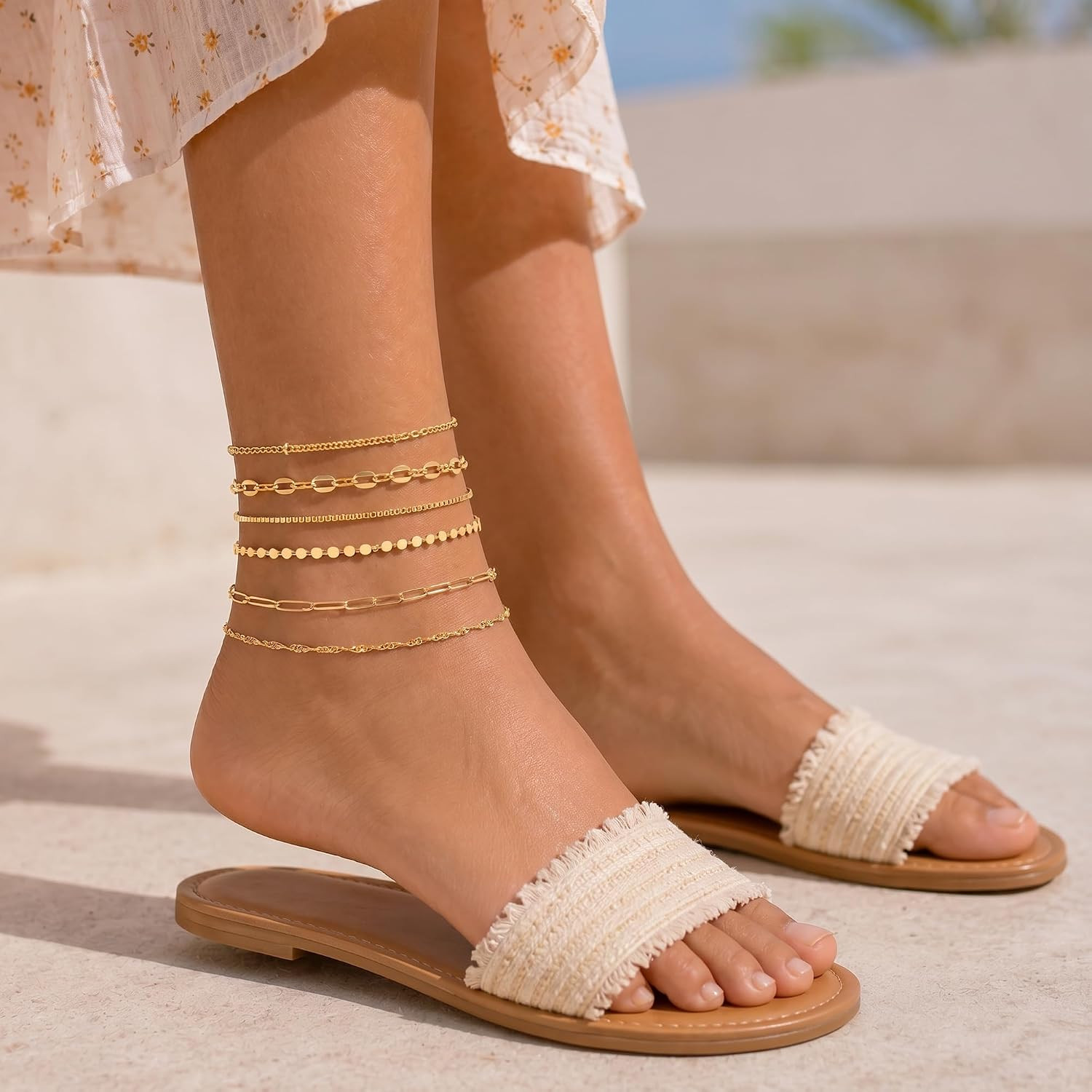 14K Gold Ankle Bracelets for Women, Layered Stackable Anklet Set | 6 Pcs Anklet