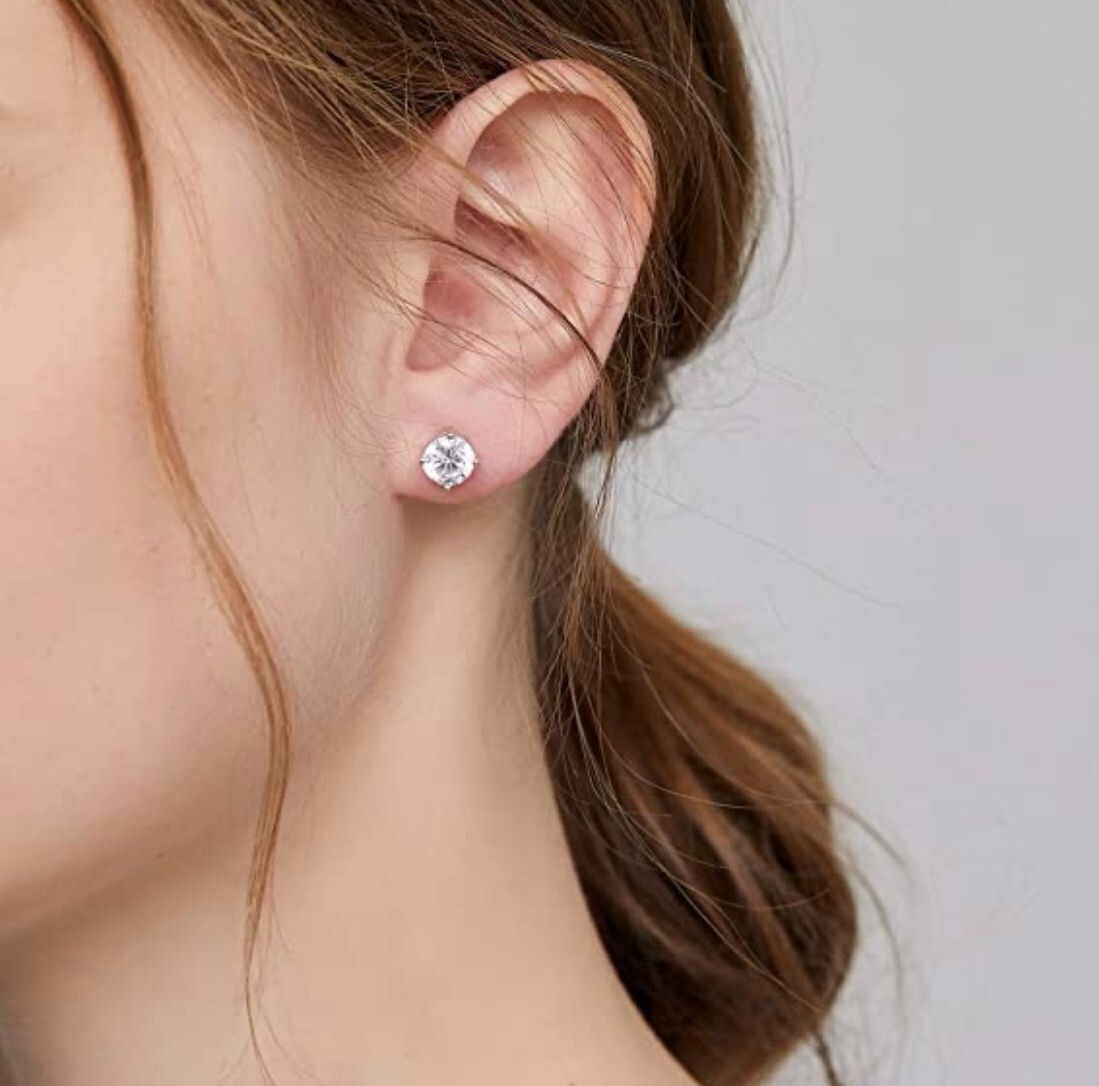 Solid 925 Sterling Silver Screw Back Studs Earrings 6MM Cubic Zirconia