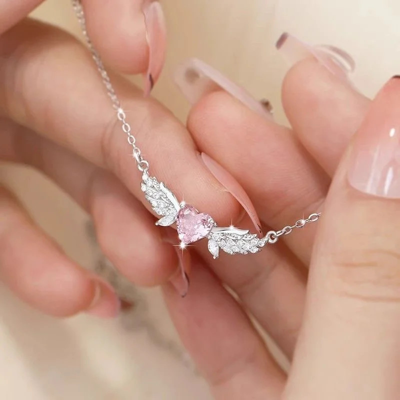 Crystal Angel Wings Pink Heart Pendant Necklace Women Clavicle Chain Choker