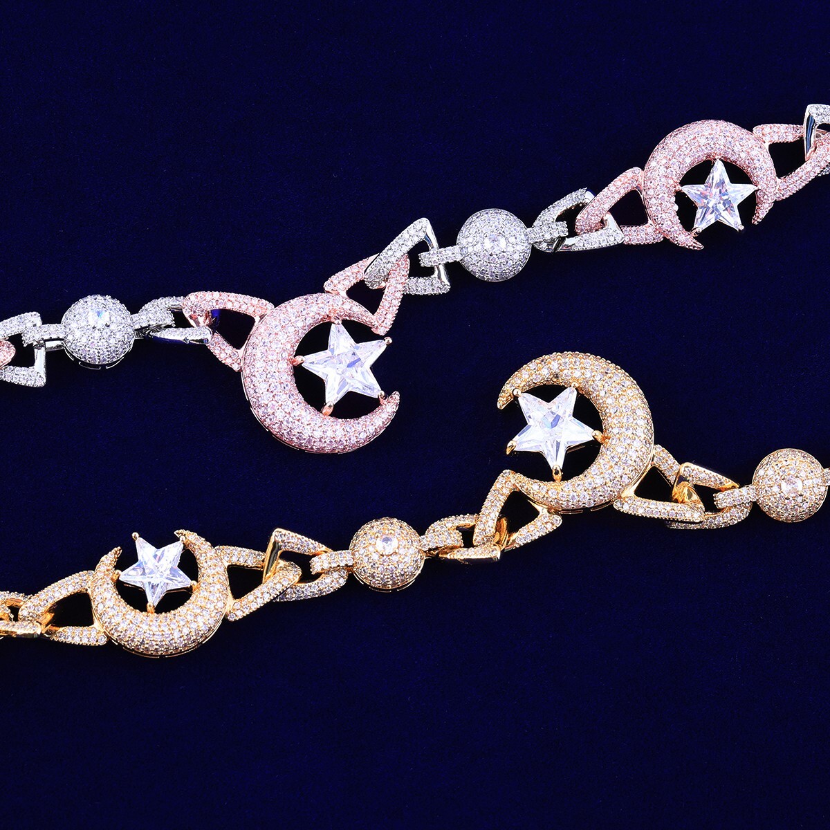 5AAA+ CZ Bling Ice Out Hop Hip Moon Star Cuban Link Chain 14k Real Gold Plated