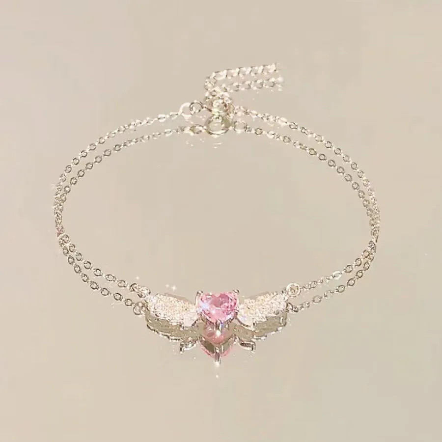 Crystal Angel Wings Pink Heart Pendant Necklace Women Clavicle Chain Choker