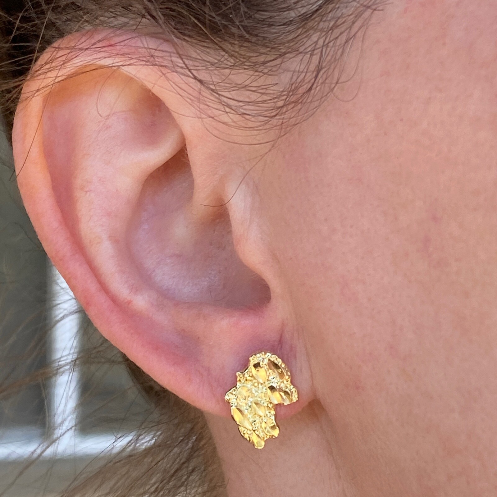 14k Gold Plated Nugget Earrings 925 Sterling Silver Cut Screw Back 14MM