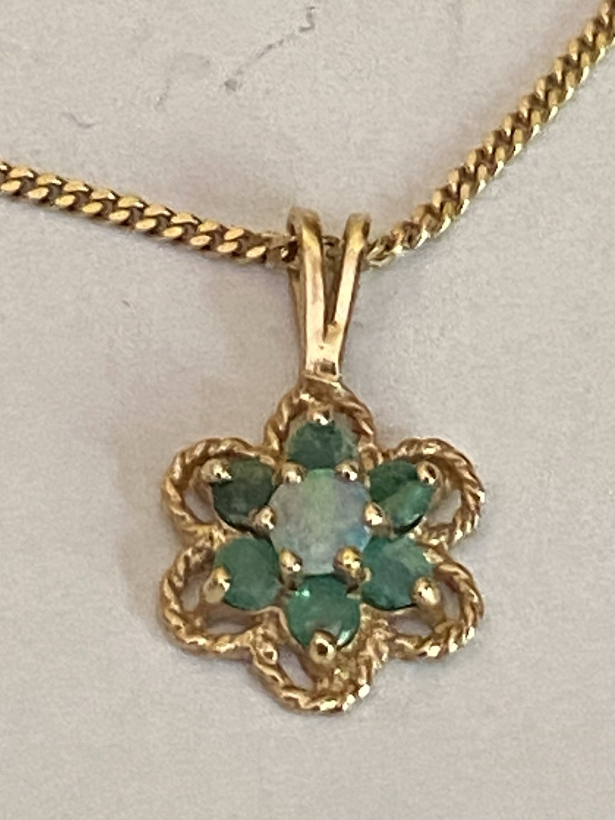 Vintage 9 Carat Yellow Gold Opal And Emerald Pendant Necklace 18 Inch Chain