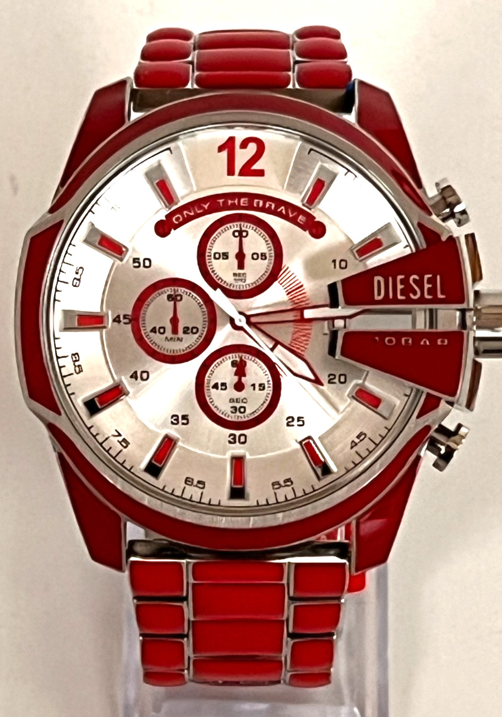 DIESEL DZ4638 Men’s Mega Chief Red Enamel Stainless Steel Watch BNWT/Box $290