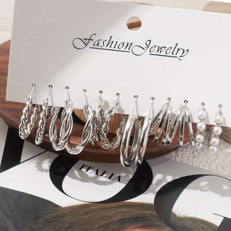 Women’s Fashion Geometric Earring Set C-shaped Ear Loops Zinc Alloy Ear Studs