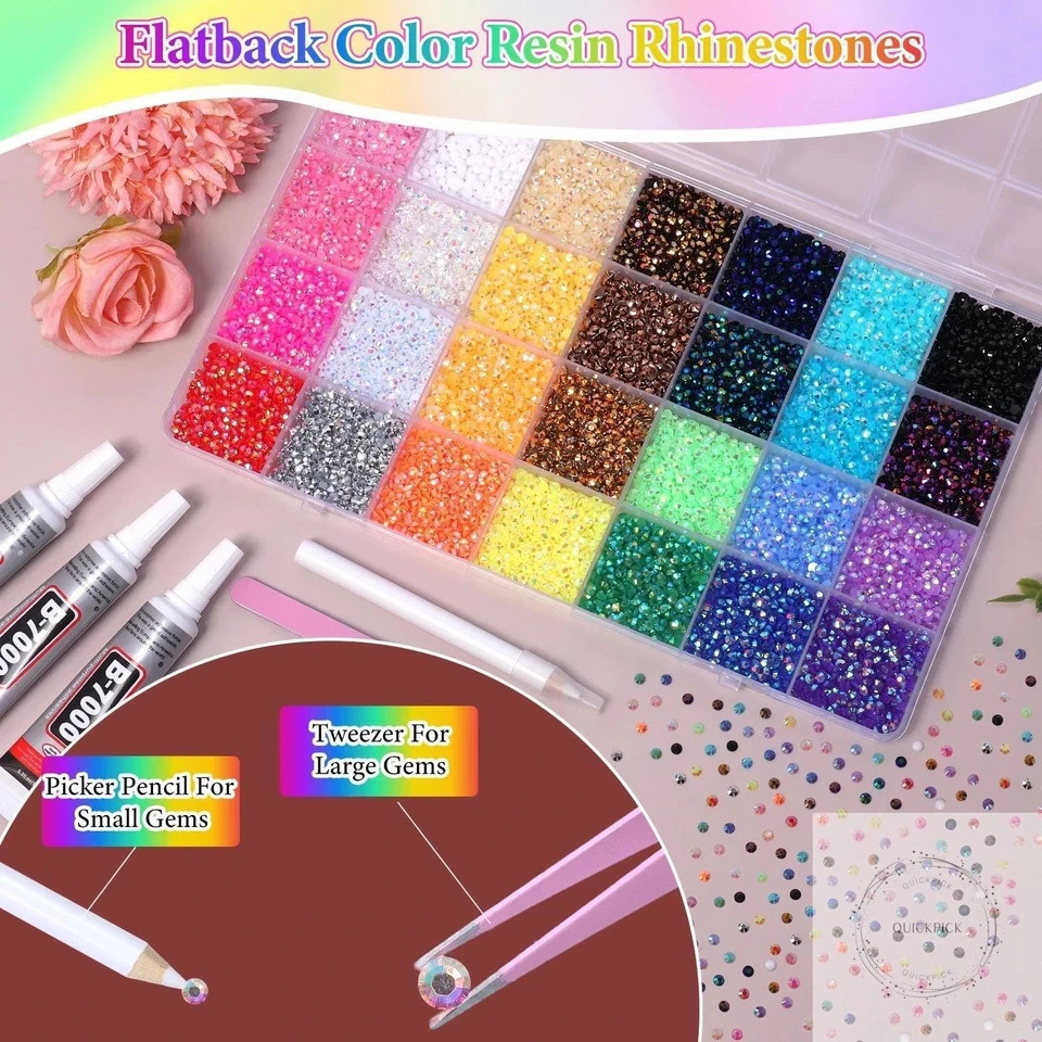 32000Pcs Rhinestones Bedazzling Kit with Tools, 3mm Color Resin Rhinestones for