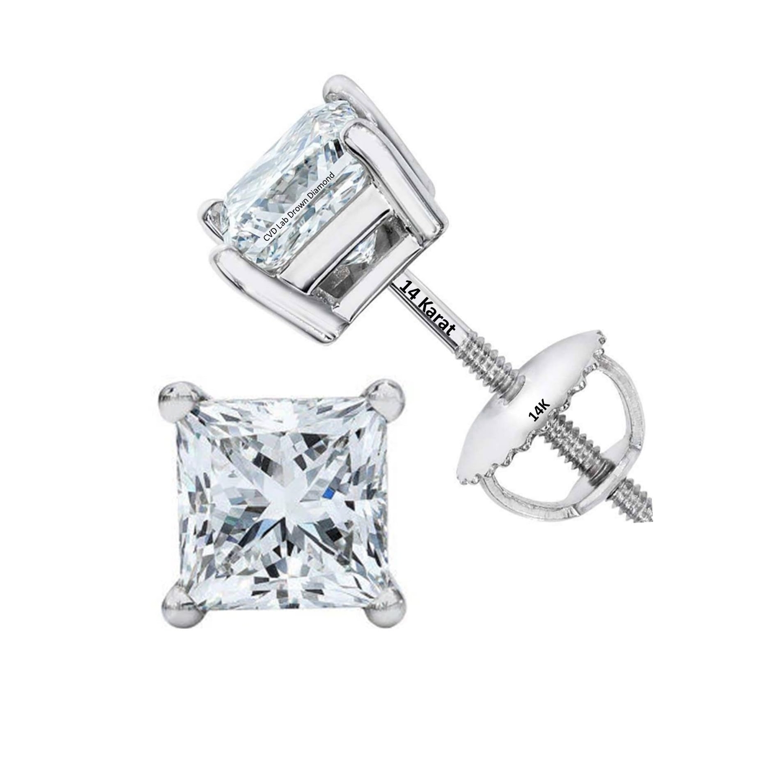 CVD Princess Diamond Stud Earrings Lab Created (E-F VS-SI) 14K Solid Gold