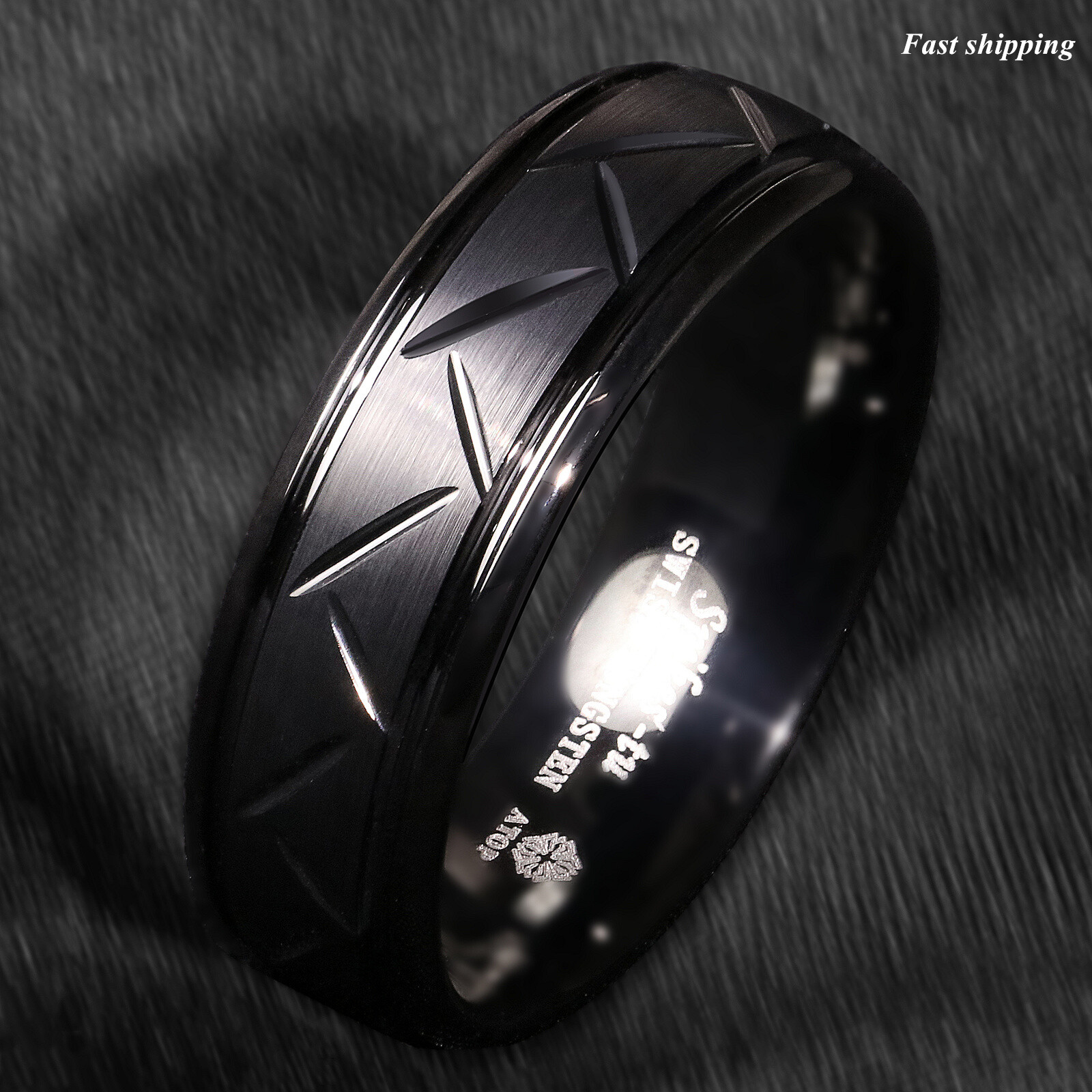 8/6mm Dome Black Warrior Brushed Center Tungsten Ring Bridal Band ATOP Jewelry