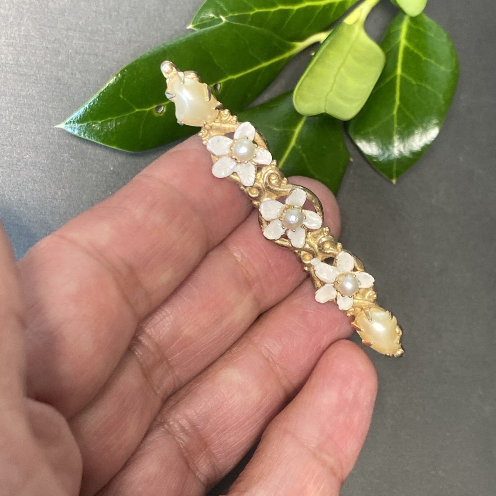 Vintage Pearl Bar Brooch Estate Fine Jewelry Pre-owned Sterling Silver Vermeil