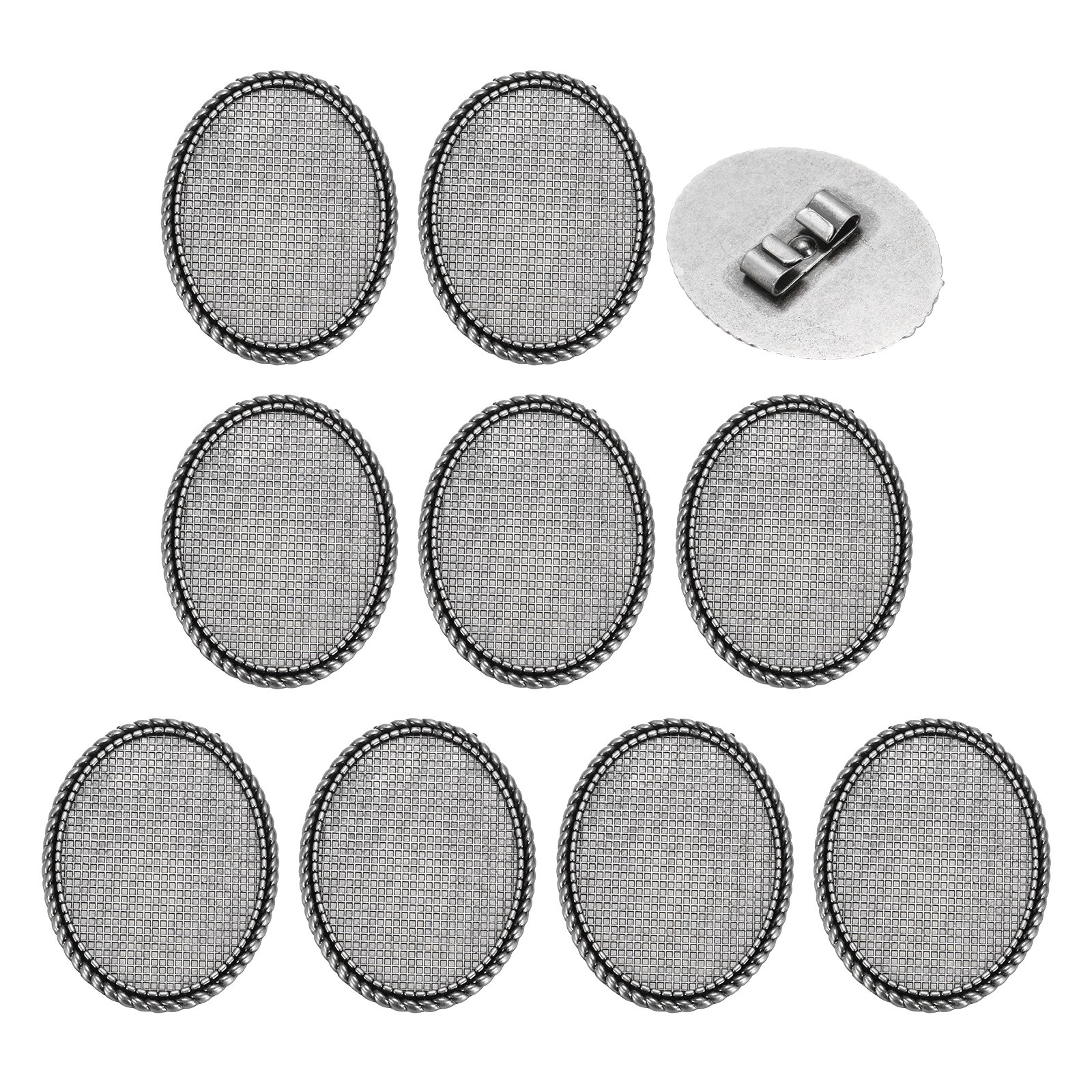 10Pcs Bolo Tie Buckle, Oval Vintage Blank Slide Clasp, Style 1, Silver Tone