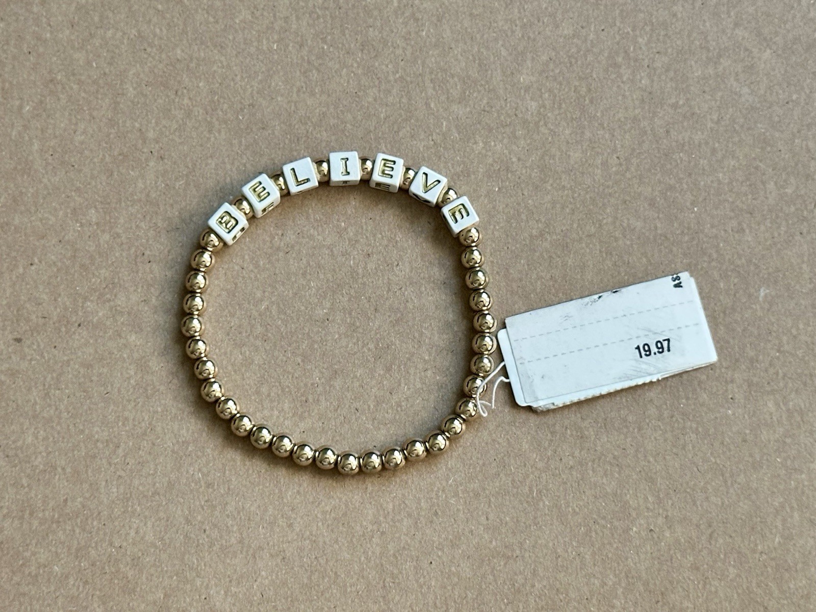 BELIEVE Stretch Bead Bracelet – Gold Tone Beads on Elastic Cord – Adjustable Fit
