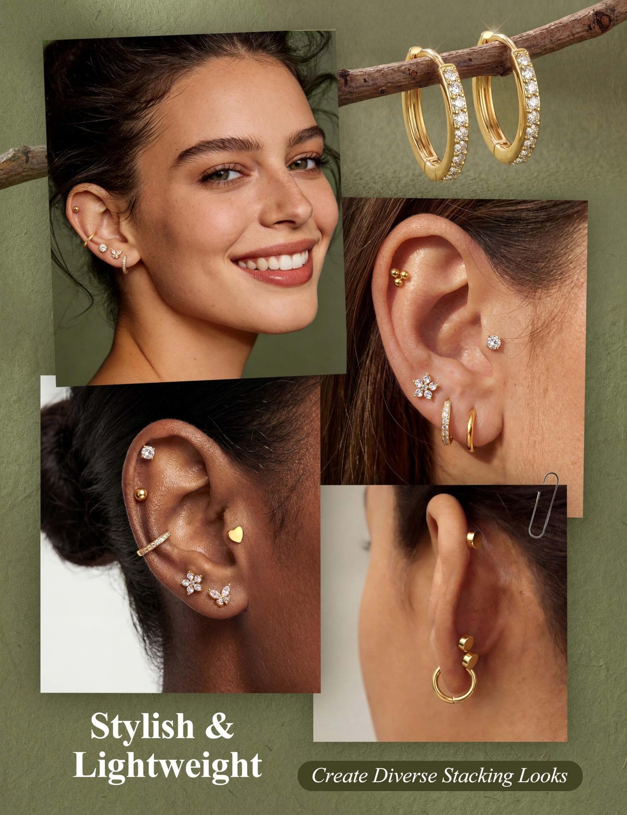 Jstyle 20G (0.8mm), 7mm (stud), 8mm, 10mm (hoop), 14K Gold Plated