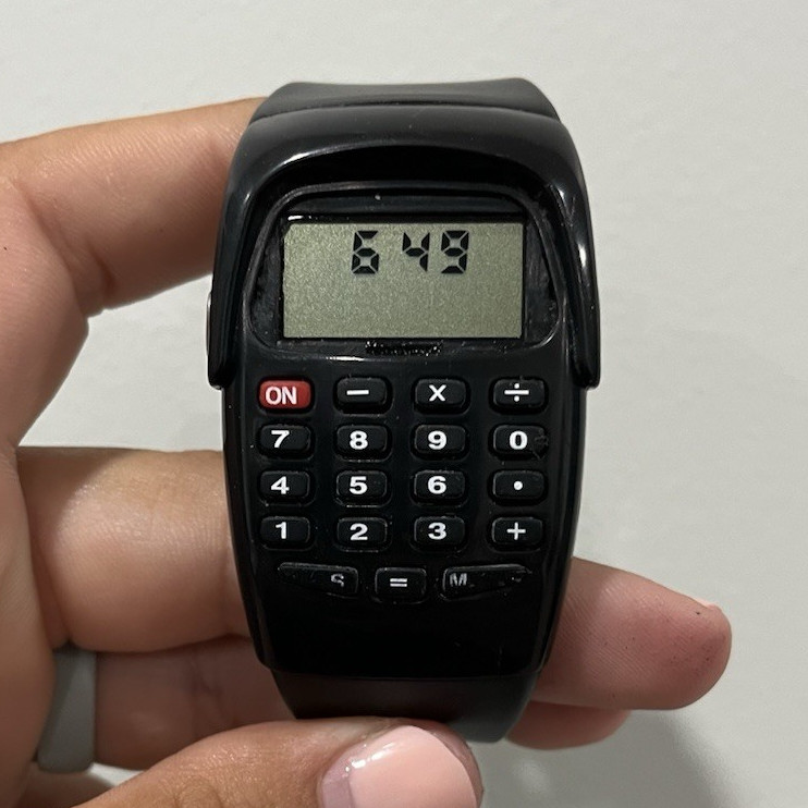 Digital Calculator Wristwatch Black Plastic Two-Piece Strap Rectangle Gray Dial