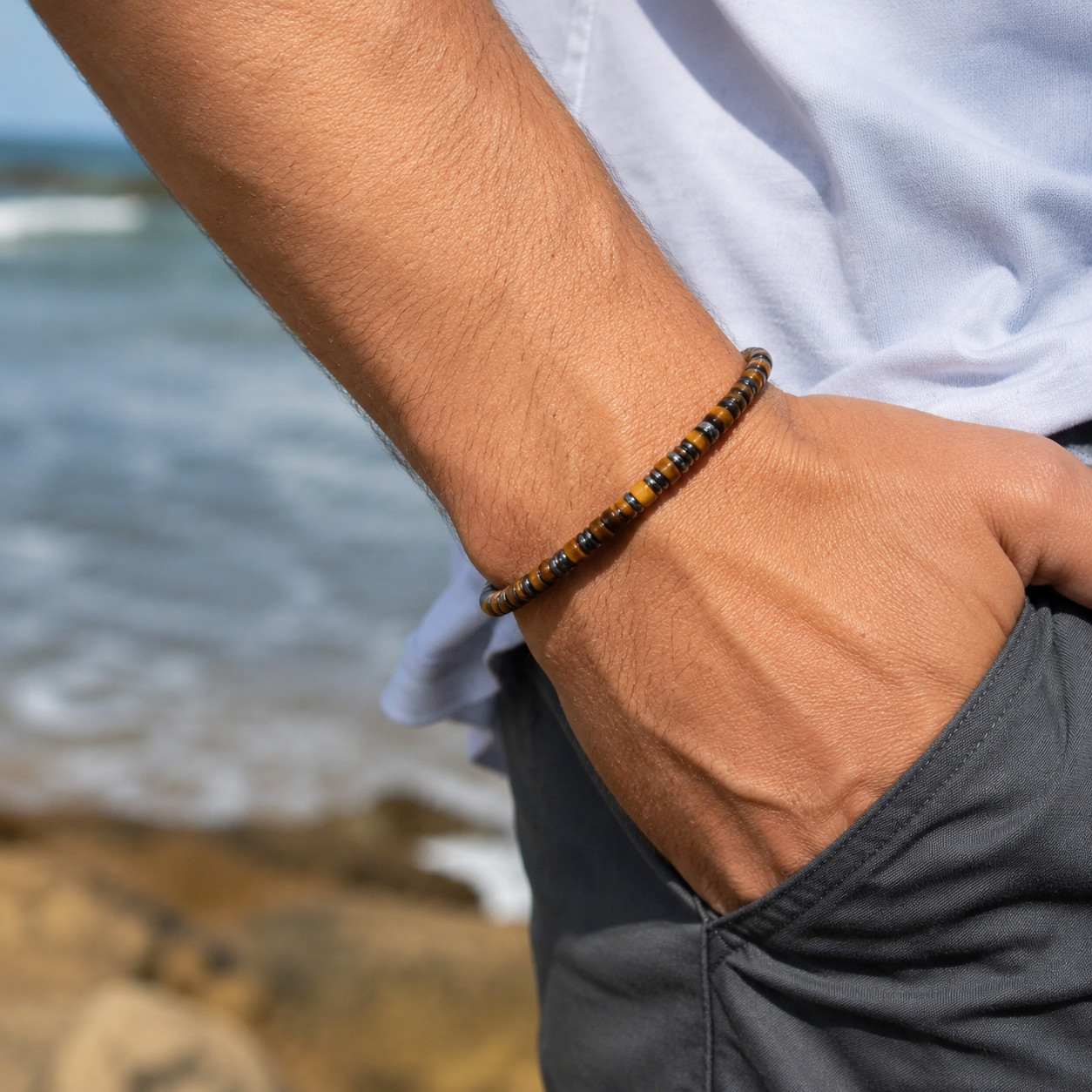 Genuine Tiger Eye Hematite Mens Bracelet 4mm Adjustable Beaded Jewelry Gift 7.5″