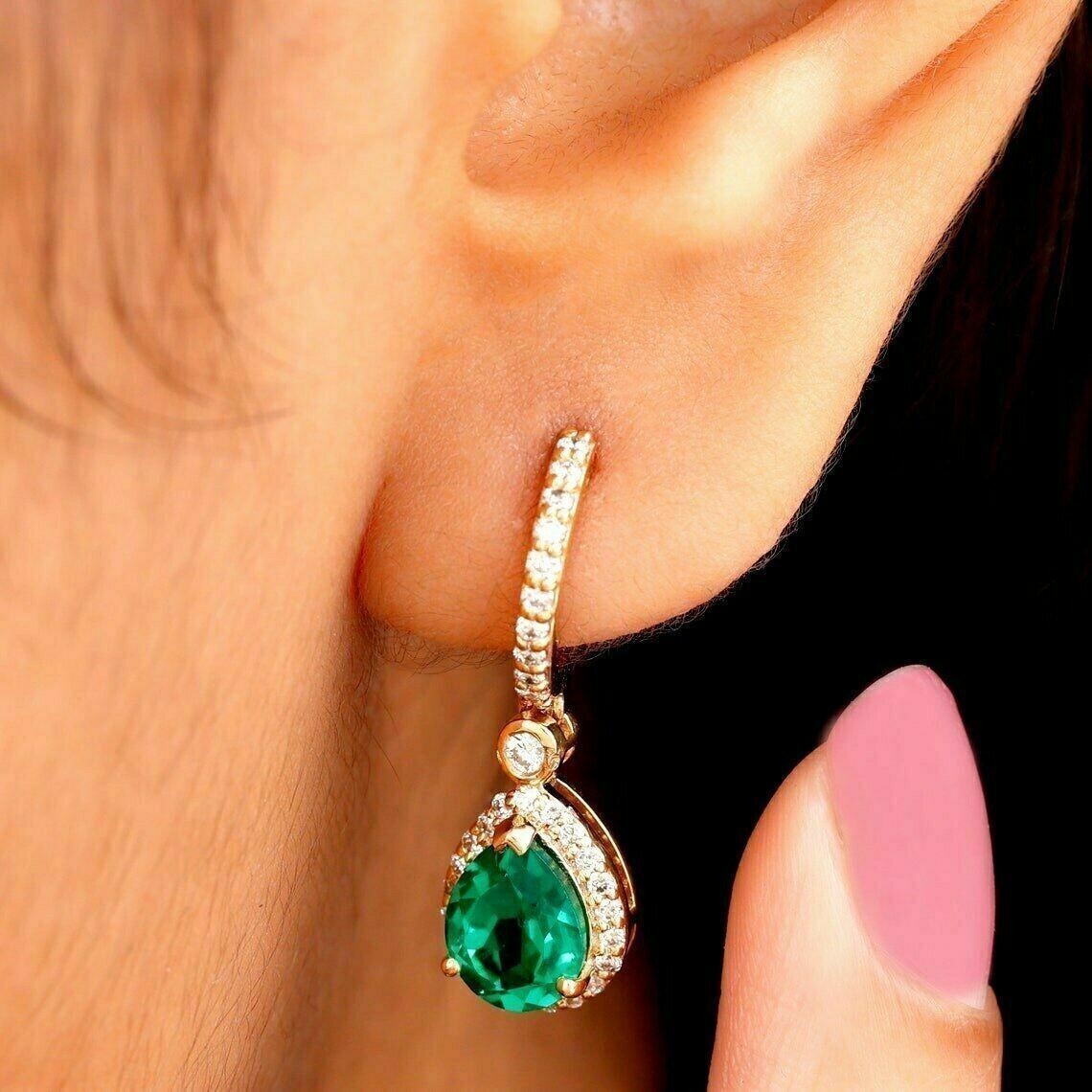 2Ct Pear Cut Simulated Emerald Halo Drop Clip On Earring 14K Yellow Gold Plated