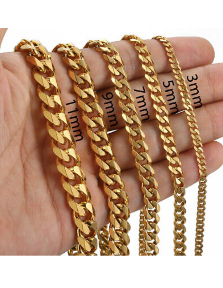 18k Gold Plated Necklace Cuban Curb Chain 6-34″ inch Men women 3-11mm