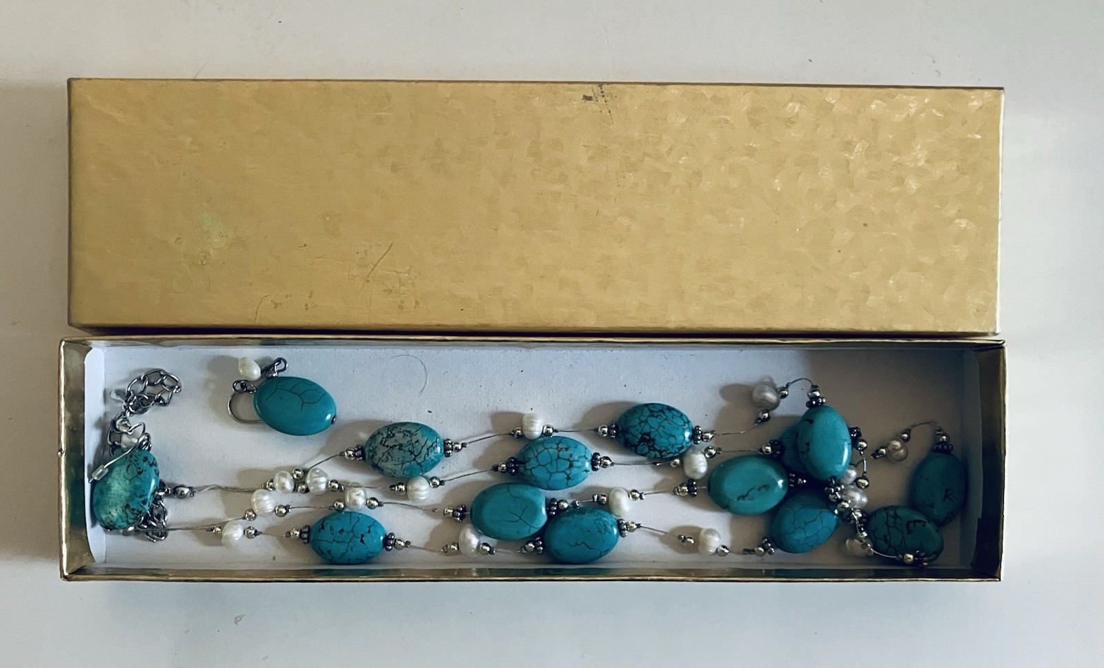 Turquiose Color Faux Pearl and Silver Two Strand Necklace and Earring Set New