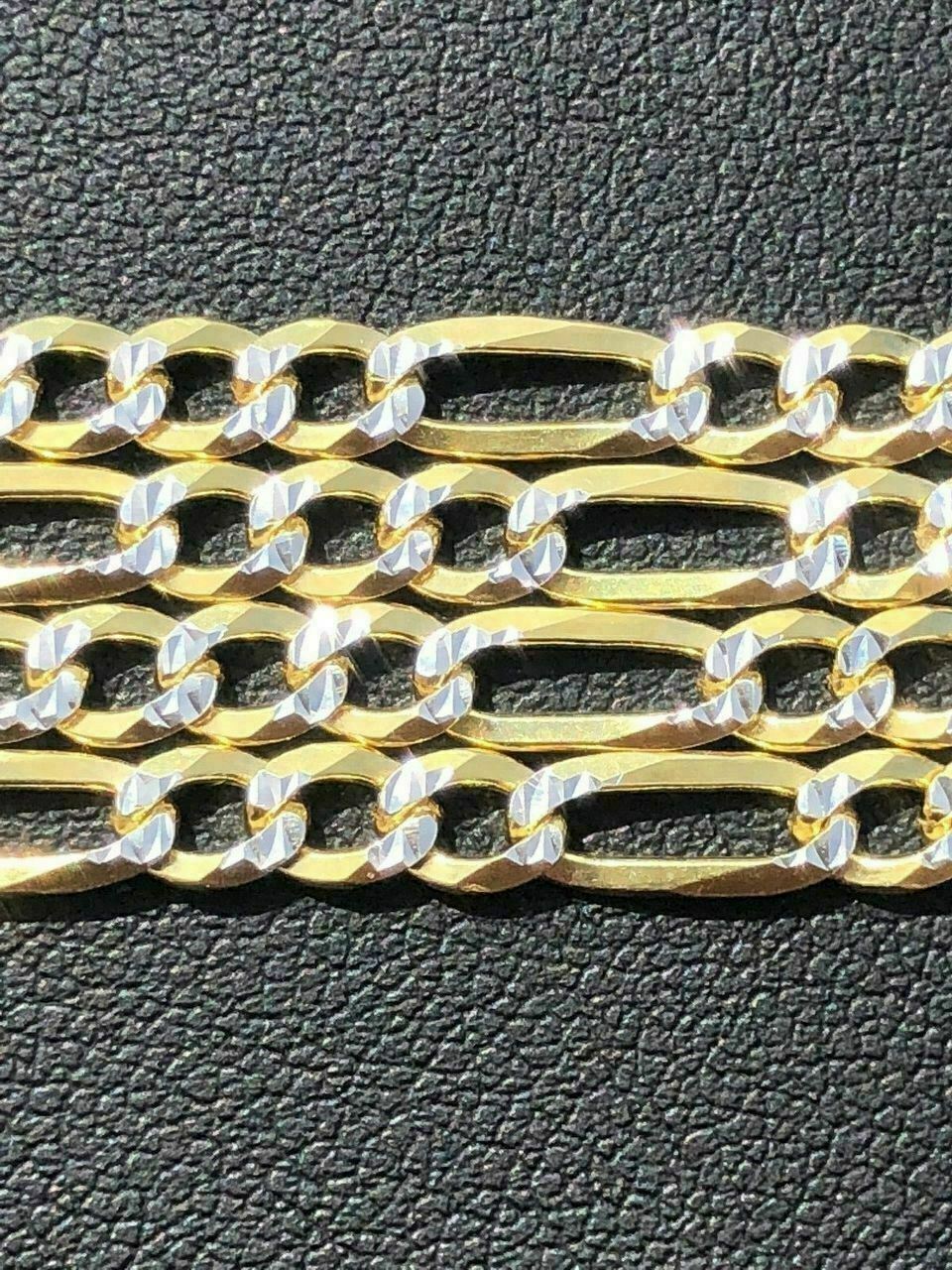 Figaro Chain Two Tone 14k Gold Plated Solid 925 Silver Diamond Cut Men Women 4mm