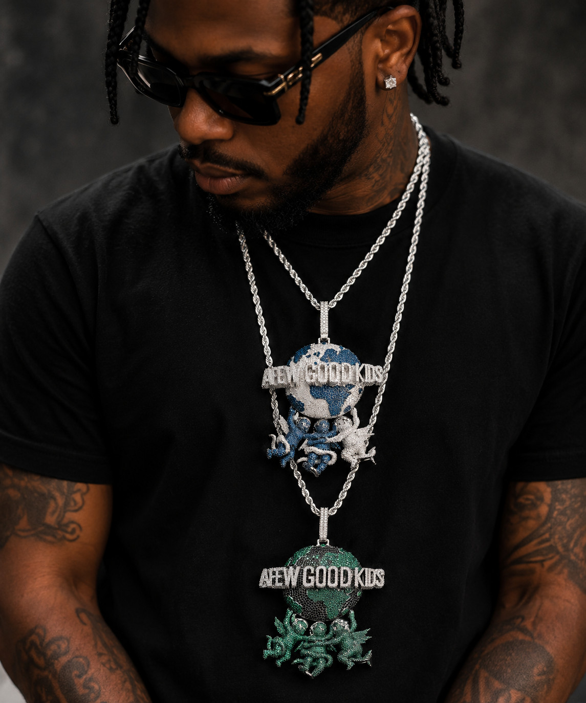 5AAA+ CZ Ice Out Hop Hip Bling A FEW GOOD KIDS 3 Angels Earth Pendant Chain