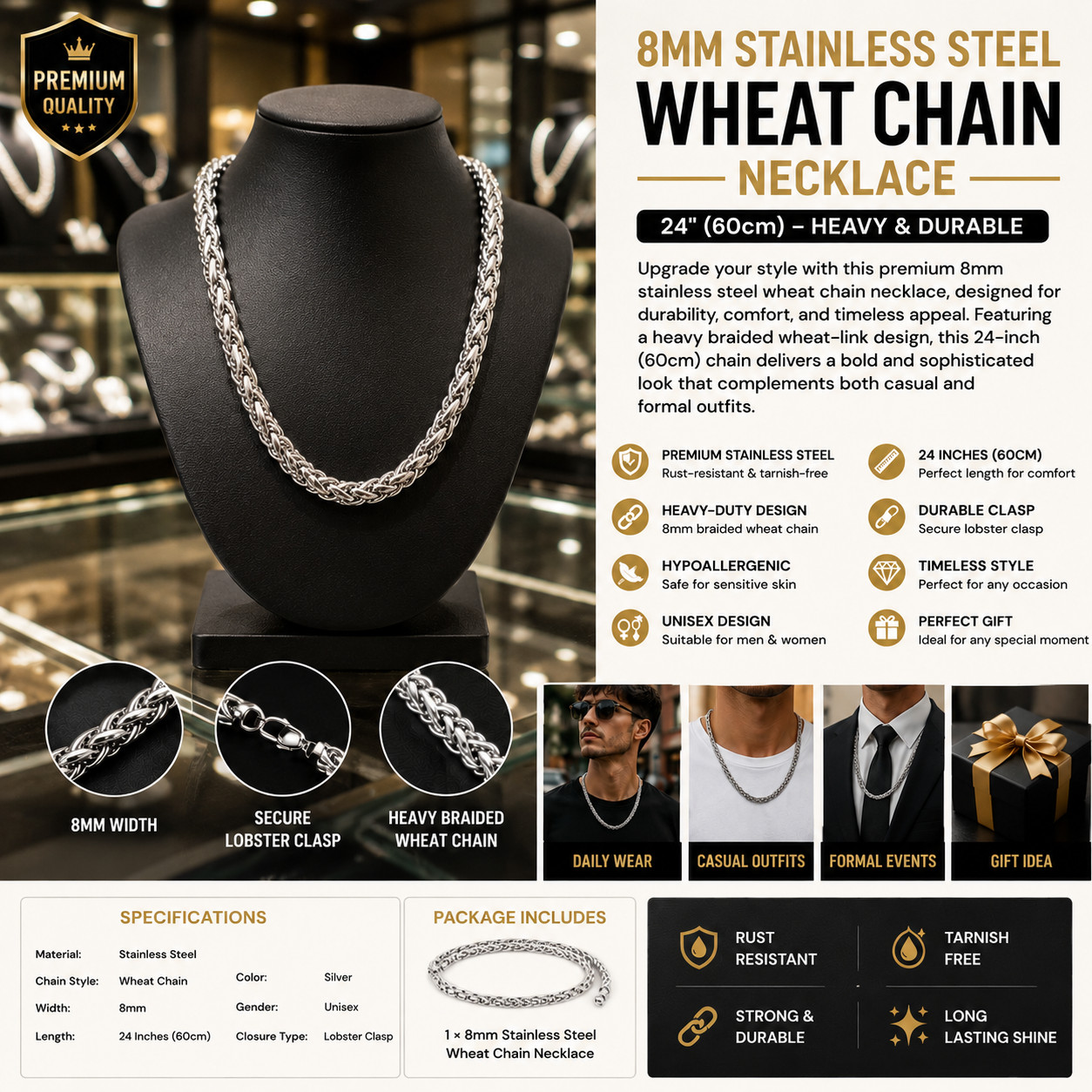 8mm Heavy Braided Wheat Chain for Men – 24” Stainless Steel Necklace | unisex