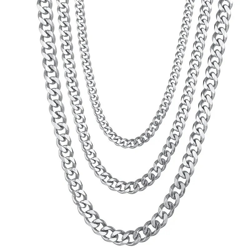 16-36″ Stainless Steel Silver Chain Cuban Curb Womens Mens Necklace 3/5/7/9/11mm