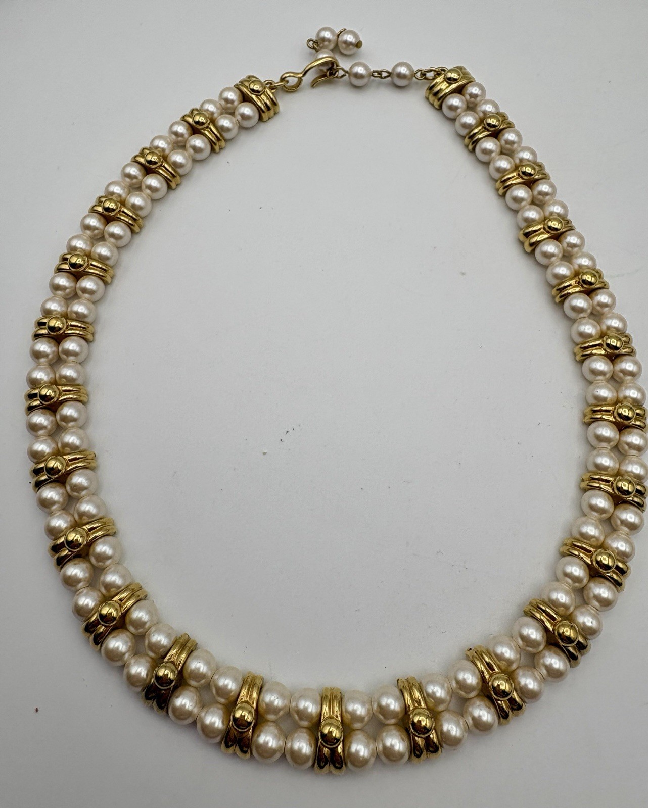 Monet Signed Double Strand Faux Pearl Gold Tone Choker Necklace Hook Clasp