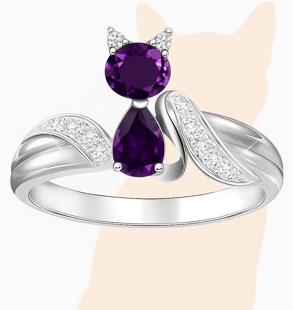 Stainless Steel Purple Crystal Cat Ring with Cubic Zirconia Accents – Glass Ring