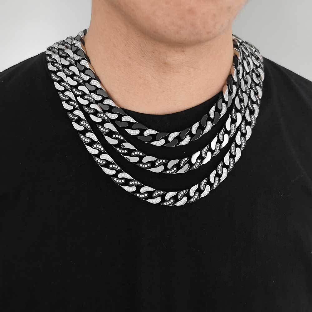 Steel Cuban Link Chain Necklace Full Zircon Mens Jewelry 12mm Hip Hop Stainless
