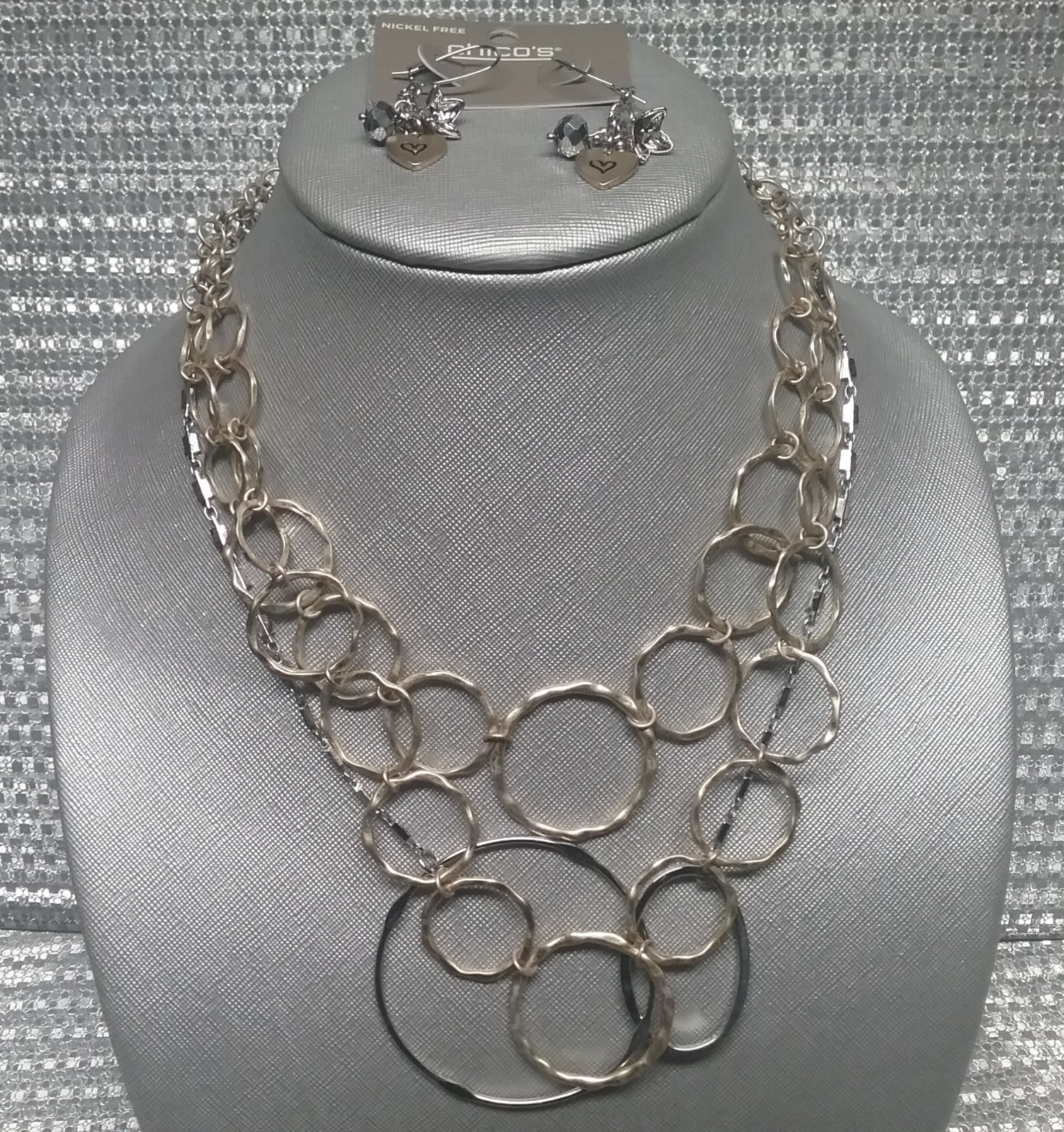 Lot of 3 Chico’s Necklace & Earrings Silver & Gold Tone In very good condition