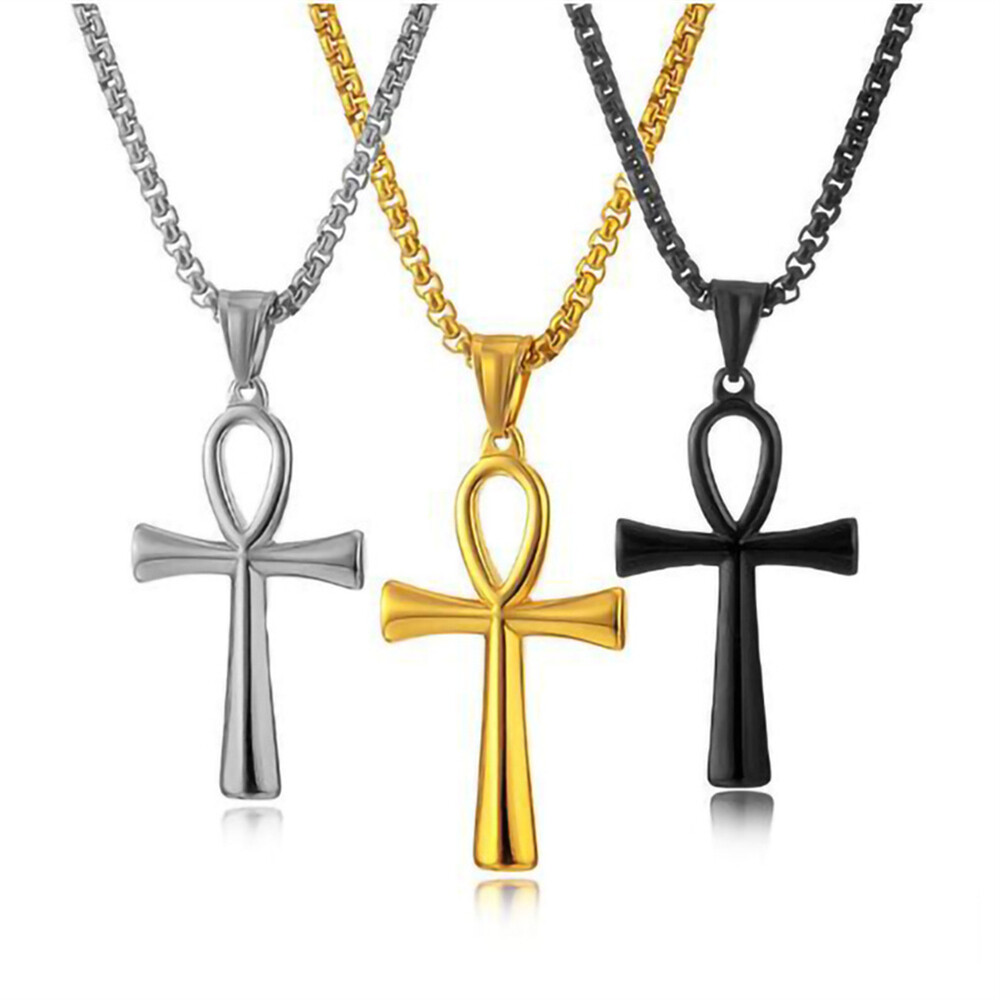 Men Women Cross Necklace Silver Stainless Steel Egyptian Ankh Pendant Chain Gift