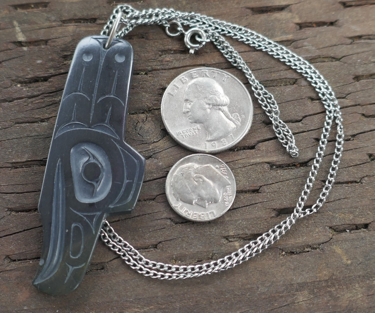 Vintage Haida Native Pat Dixon Hand Carved Argillite Raven Pendant on Chain