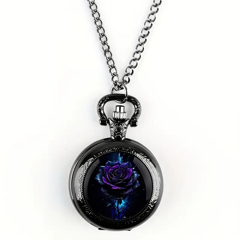 NEW 1.4″ Love & Roses Vintage-ish Quartz Pocket Watch, Black Necklace Chain .6w