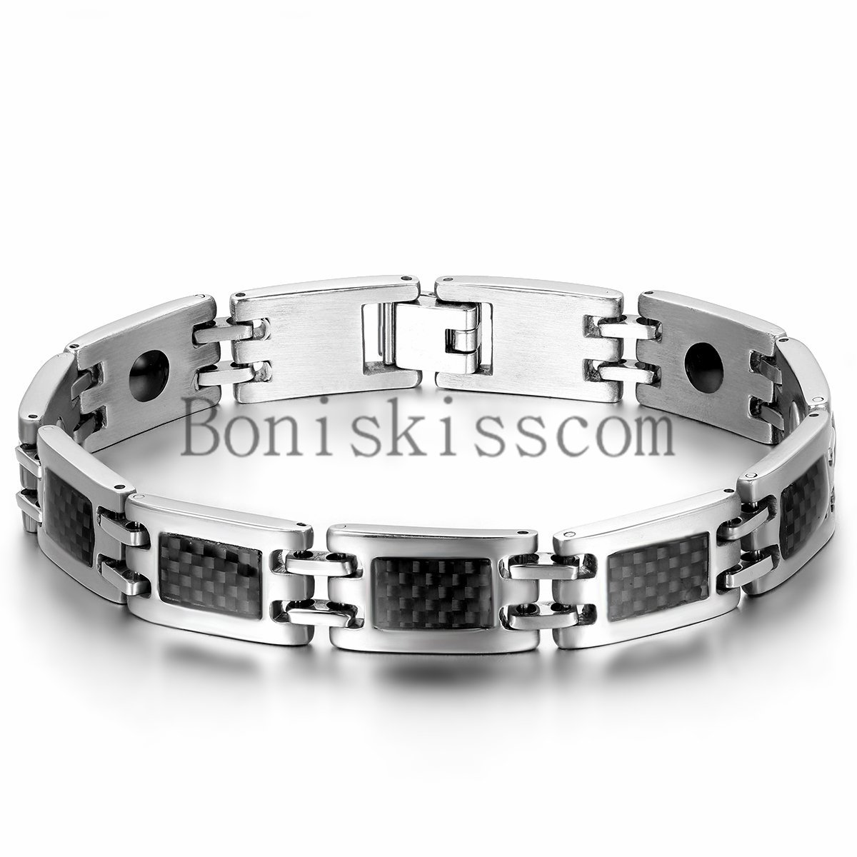 Black Carbon Fiber Silver Stainless Steel Link Power Therapy Magnetic Bracelet