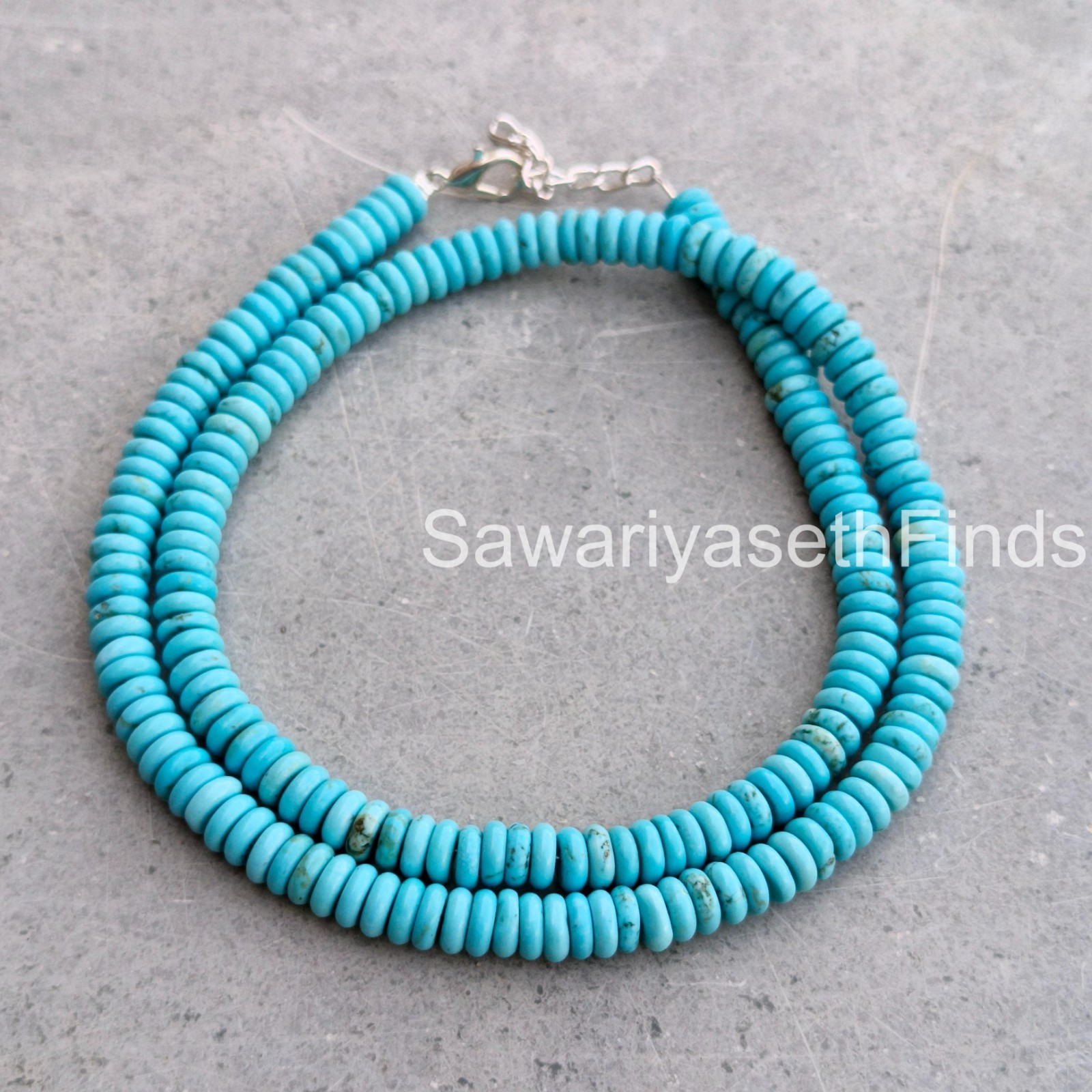 Handmade Turquoise Rondelle Beaded Necklace, 6MM Blue Gemstone, Sterling Silver