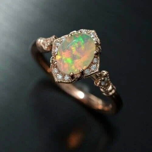Oval Cut Lab created Fire Opal Women’s Pretty Wedding Ring 14K Rose Gold Plated