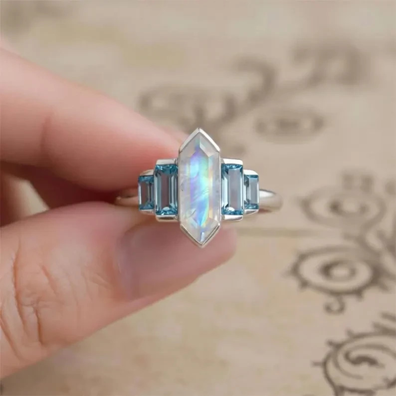 Rainbow Moonstone Blue Topaz Sterling Silver Ring | Art Deco Statement Jewelry