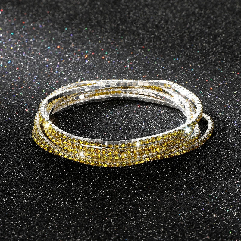5 Pc Elastic Crystal Rhinestone Bracelet Women Gold Tone Round Chain Jewelry