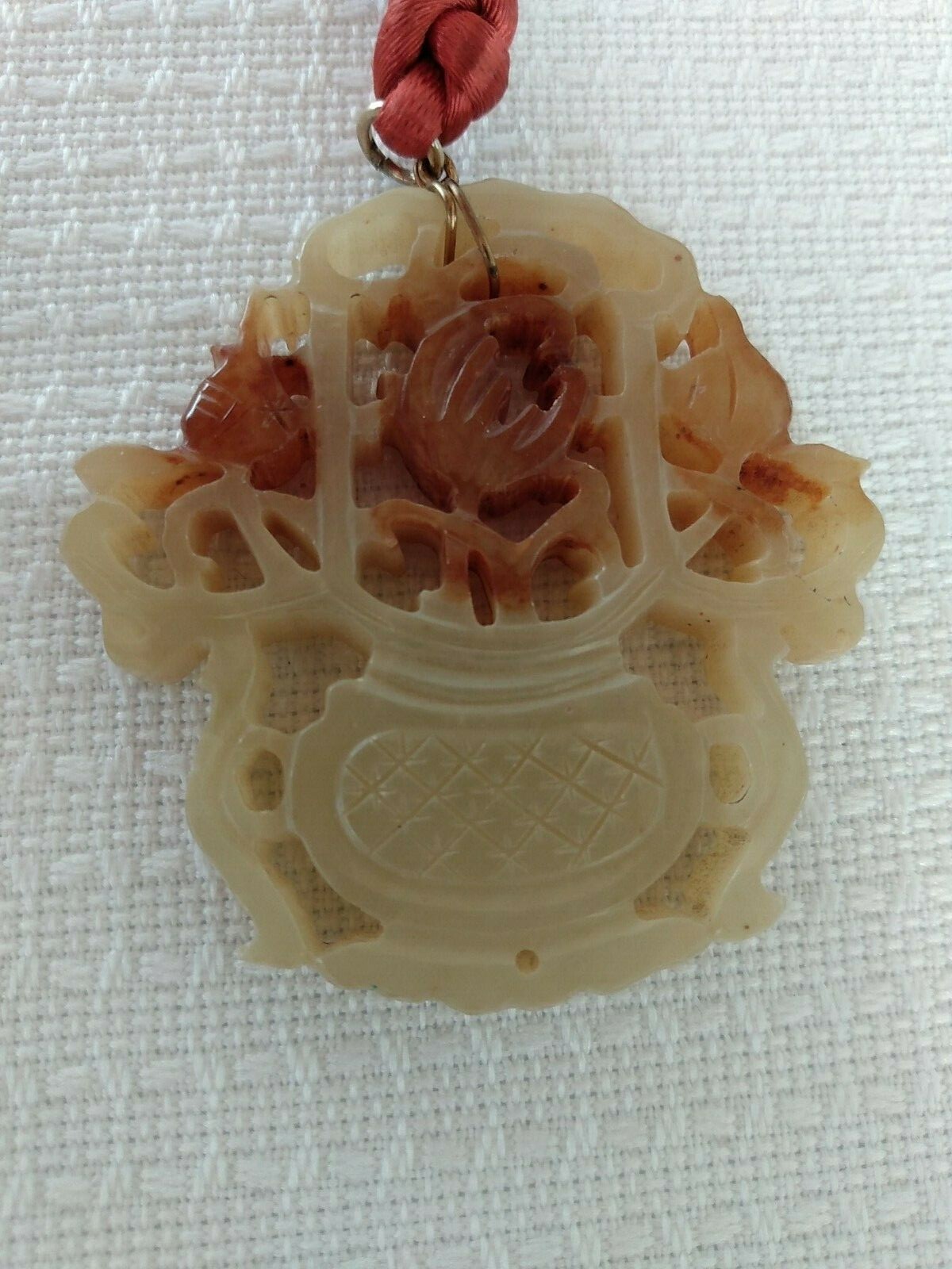 2 Estate Carved Green & Orange/Tan Fine Jade Floral Large Pendant Cord Necklaces
