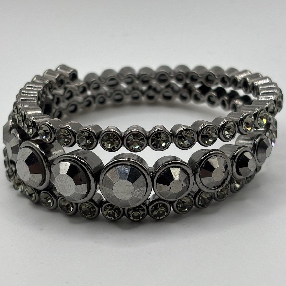 Silver Tone Wrap Coil Bangle Bracelet Gray Round Crystal Bezel Set 7.5in