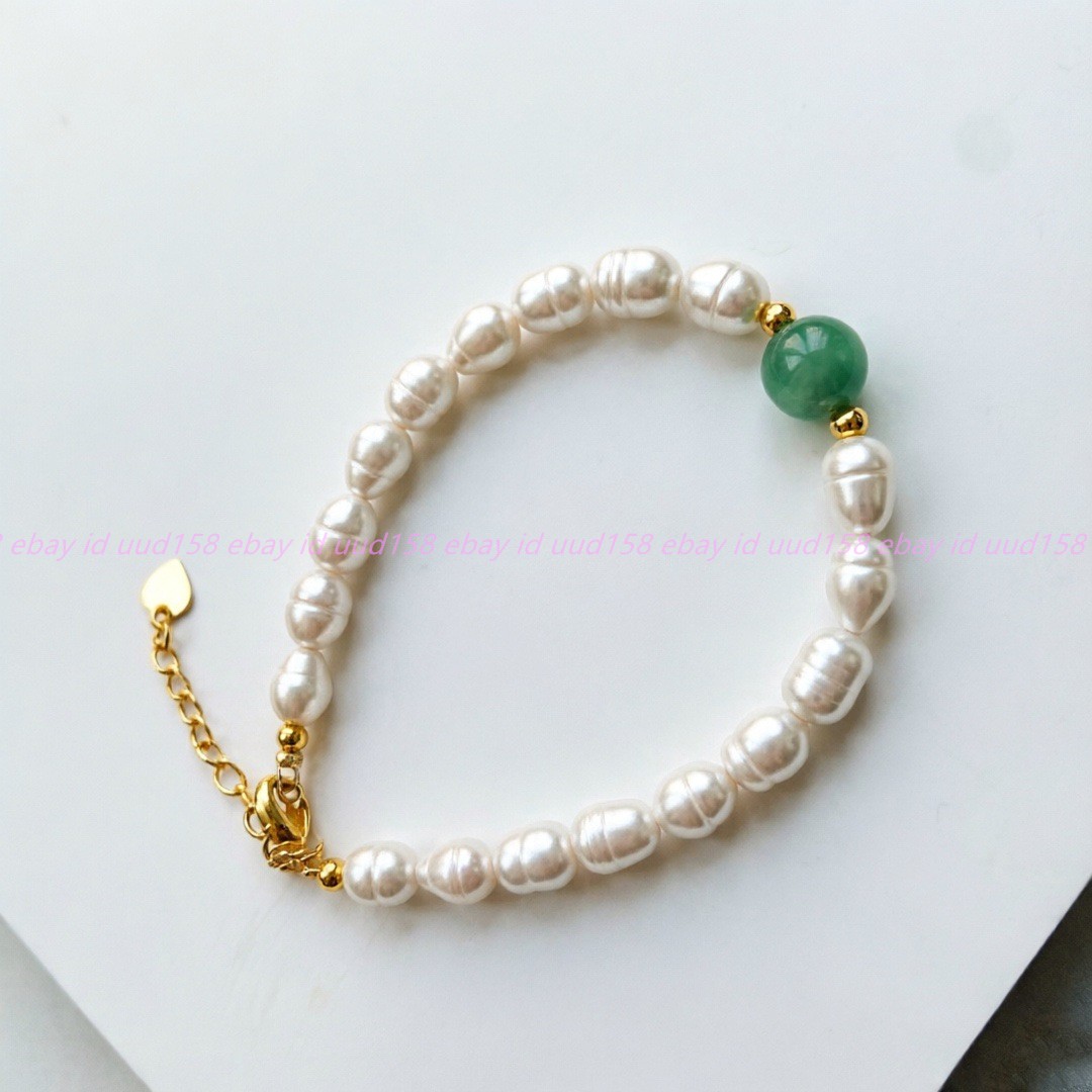 Natural 9-10mm White Freshwater Rice Pearl Green Dongling Jade Bracelet 7-9in