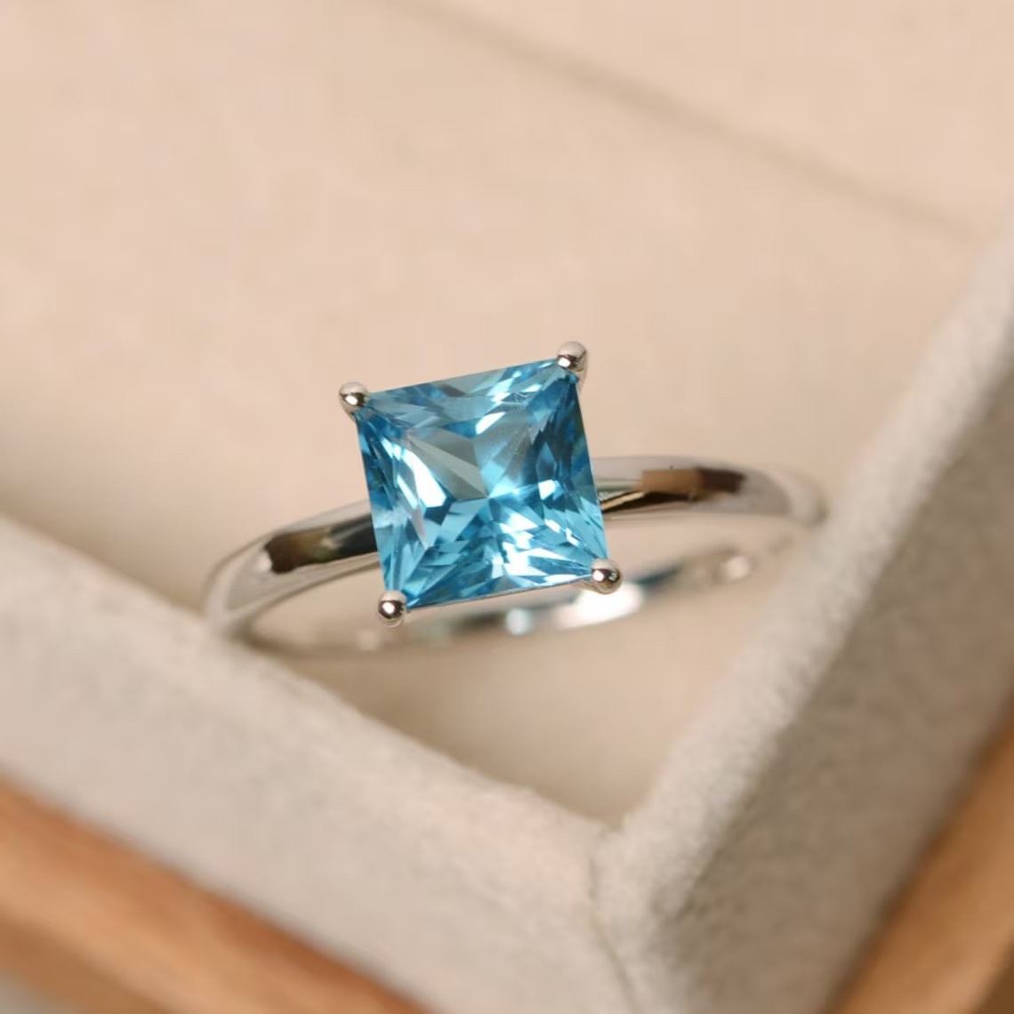 2CT Blue Topaz Square Gemstone 925 Silver Plated Solitaire Ring Duty Free